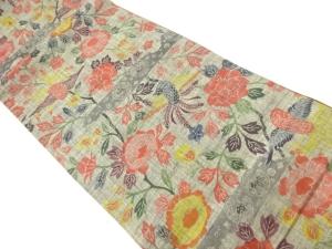 綿紬型染花鳥模様全通袋帯